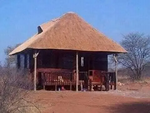 Compact lodge with a broad traditional thatch roof